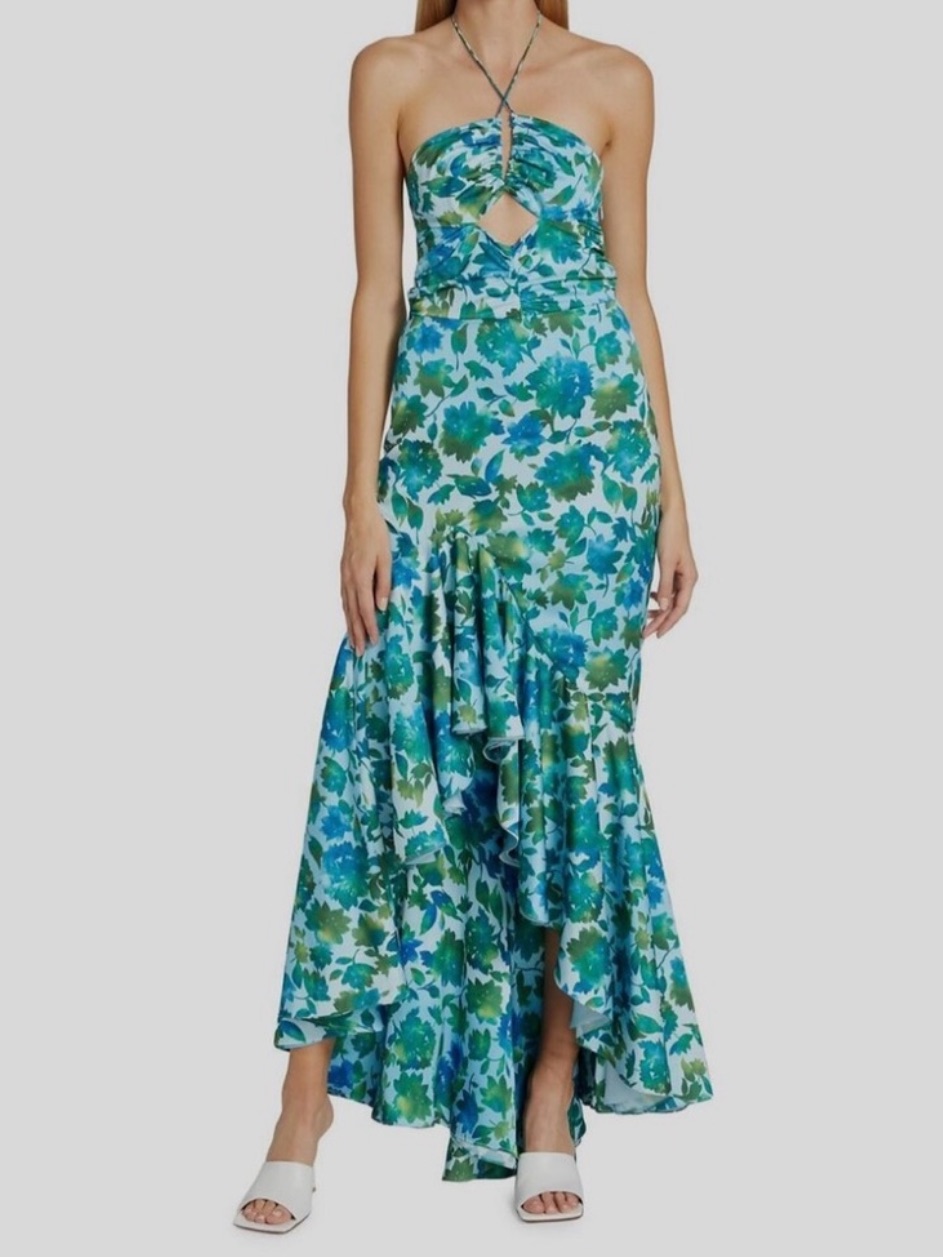 Amur Blue-Green Floral Halter Maxi Dress